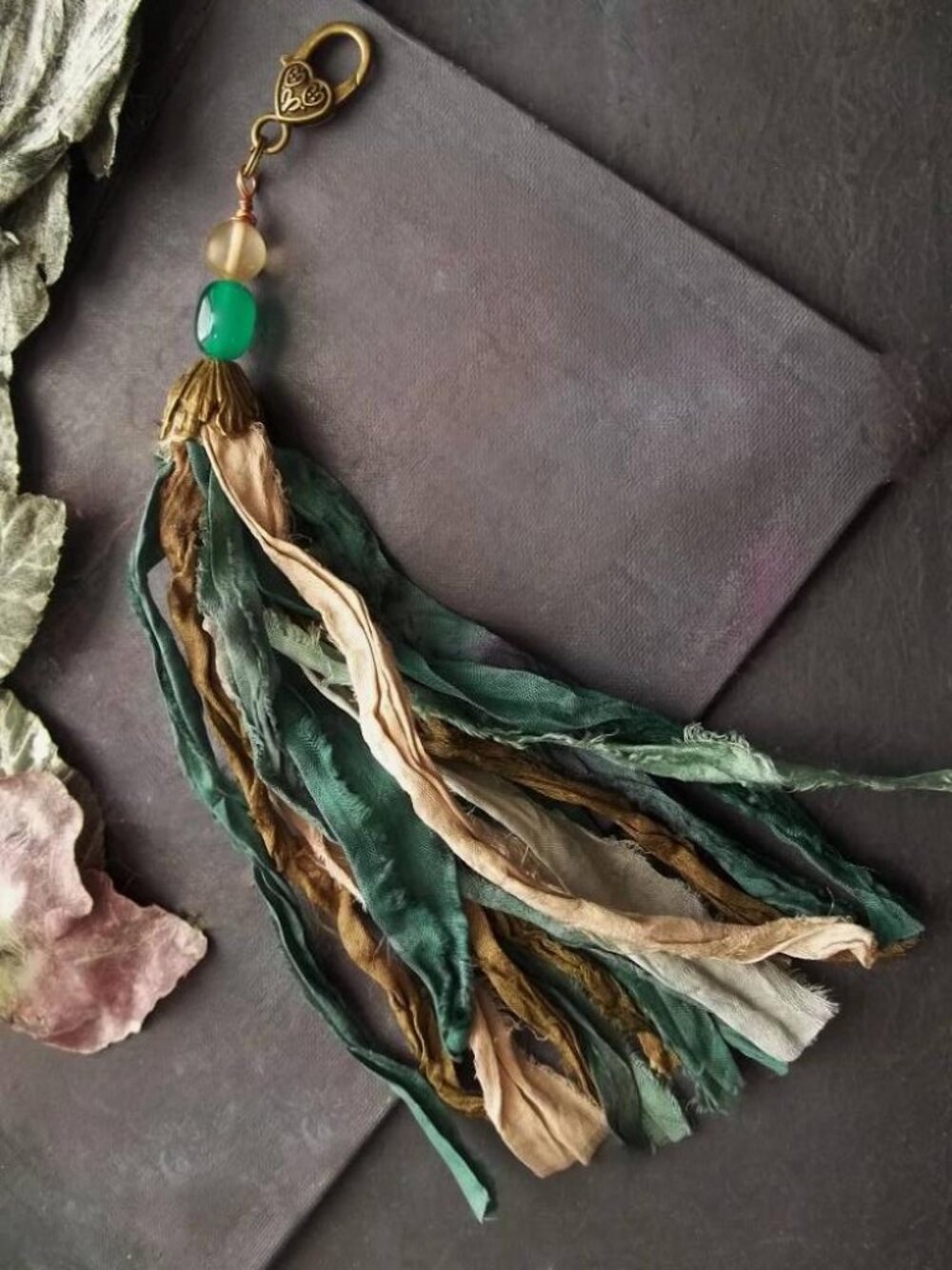 OOAK Handmade Sari Silk Tassel Keychain Heart Clasp Boho Purse Charm